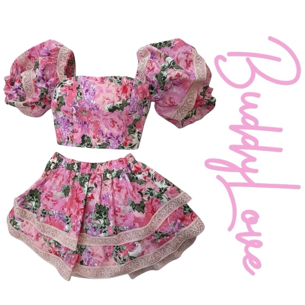 BuddyLove NWT 2-Piece Floral Set Puff Sleeve Top + Skirt-Shorts
